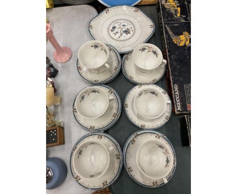 A ROYAL DOULTON OLD COLONY PART TEASET TO INCLUDE A CAKE PLATE, CUPS, SAUCERS AND SIDE PLATES 