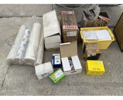 AN ASSORTMENT OF PIPE CLIPS, TILES AND WALL PAPER ETC 
