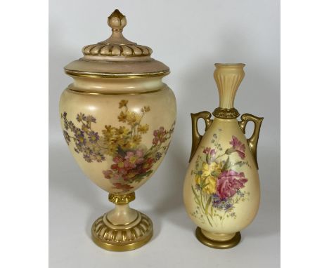 TWO ANTIQUE ROYAL WORCESTER HAND PAINTED BLUSH IVORY ITEMS, LIDDED JAR AND TWIN HANDLED VASE, HEIGHT OF LIDDED JAR 27CM, (RES