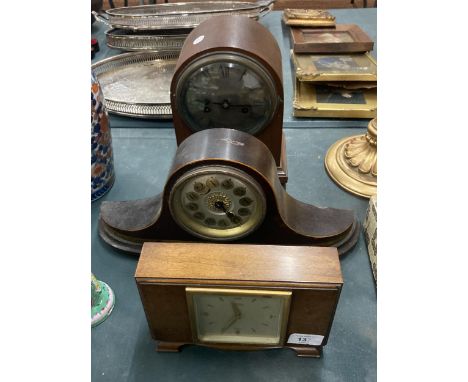 THREE VINTAGE MAHOGANY AND OAK CASED MANTLE CLOCKS 