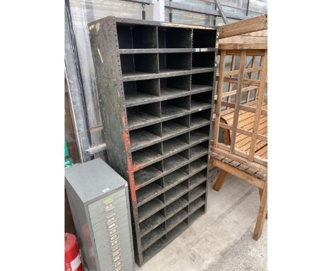 A VINTAGE 36 SECTION METAL PIGEON HOLE STORAGE UNIT 