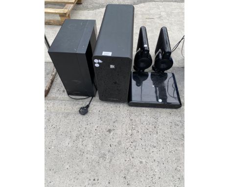 A SAMSUNG SUB WOOFER SPEAKER AND A KEF FOUR SPEAKER SURROUND SYSTEM TO INCLUDE SUB WOOFER AND CONTROL BOX ETC 