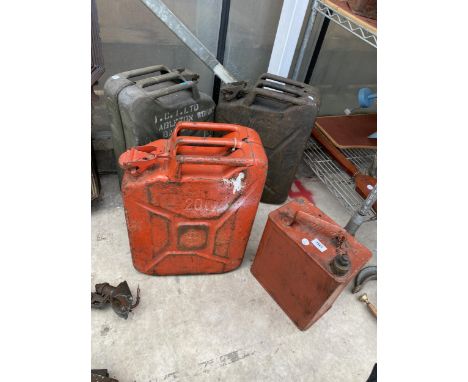 THREE METAL JERRY CANS AND A VINTAGE 'SPUR' FUEL CAN WITH BRASS CAP 