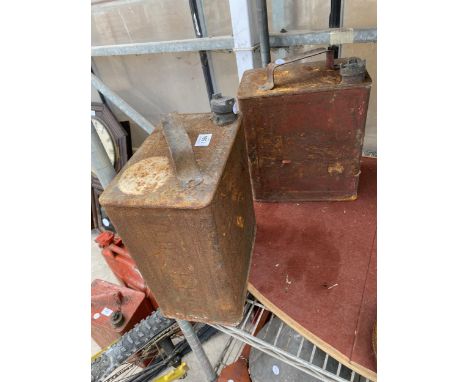 TWO VINTAGE FUEL CANS TO INCLUDE A PRATTS EXAMPLE, BOTH WITH BRASS CAP PRESENT 