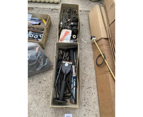 AN ASSORTMENT OF TOOLS AND HARDWARE TO INCLUDE BUTCHERS HOOKS AND CHISELS ETC 