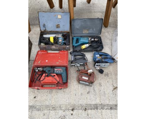 SIX VARIOUS POWER TOOLS TO INCLUDE A BOSCH DRILL, JIGSAWS, ETC 