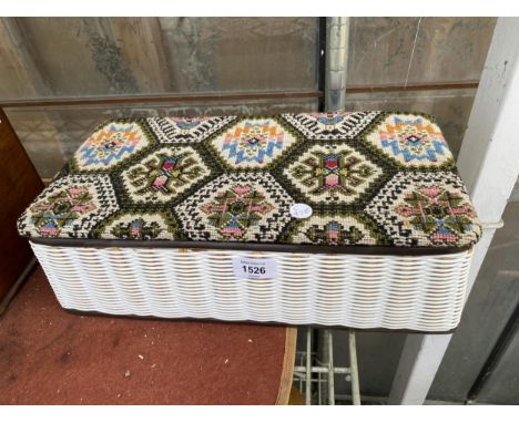 A DECORATIVE WICKER SEWING BOX WITH A TAPESTRY LID 