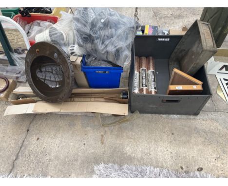 A LARGE ASSORTMENT OF ITEMS TO INCLUDE PIPE FITTINGS, BATHROOM FITTINGS AND A STORAGE BOX ETC 