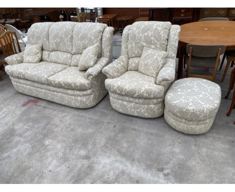 A MODERN THREE SEATER SETTEE, EASY CHAIR AND POUFFE, UPHOLSTERED BY WORDSLEY TOYE 