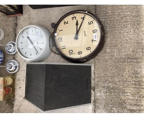 TWO RETRO WALL CLOCKS AND A REDIFFUSION SPEAKER 