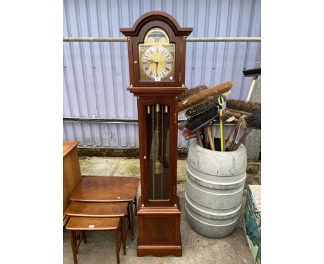 A MODERN MAHOGANY AND CROSSBANDED LONGCASE CLOCK WITH GLASS DOOR, TRIPLE WEIGHTS AND BRASS FACE 