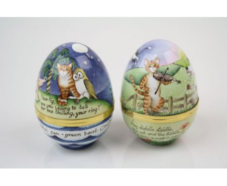 Two Elliot Hall Enamel nursery rhyme egg trinket boxes to include "The owl and the pussycat" numbered 67/75 and signed E.Todd