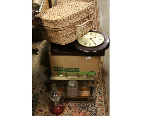 An early 20th century Tantalus  (with one decanter only, no key), a quartz clock and oil lamp, two treen containers ,picnic b