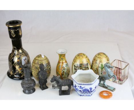 A quantity of oriental ceramics and metalware  to include decorated egg shaped ornaments, planter, vase figures, an Art Nouve