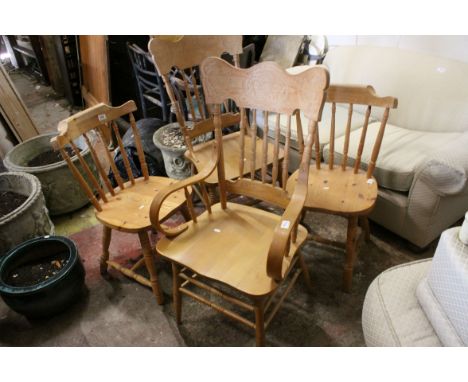 Pair of Pine Stick Back Kitchen Chairs together with Two Chairs with Back Rails carved with dragons, one having bentwood arms