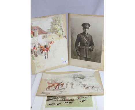 Four unframed Cecil Aldin Hunting Scene Prints, two with partially completed military pencil and watercolours 