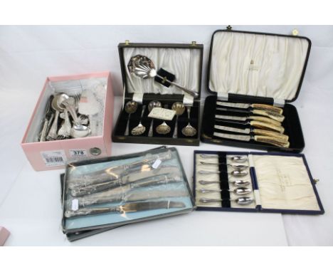 A box of King's pattern silver plated flatware together with three cased sets of silver plated cutlery.