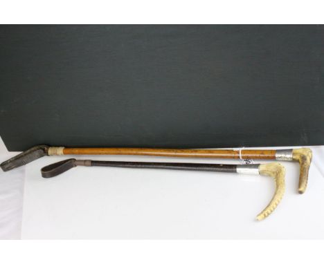 Brigg Hunting / Riding Crop with Silver Band (London 1927),  antler handle and leather plaited covered shaft together with a 