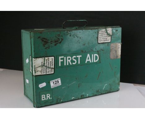 British Rail Green Metal ' First Aid ' Box with various first aid equipment inside and a British Rail Accident book, 35cms wi