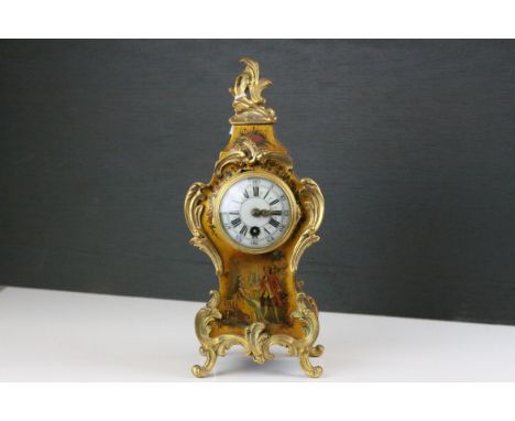19th century Rococo Style Mantle Clock, the wooden lacquered case decorated with classical figures and flowers, the white ena