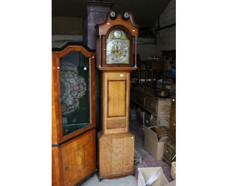 19th century Oak and Walnut Cross-Banded 8 Day Longcase Clock, the hood with broken swan neck pediment, the brass face with s
