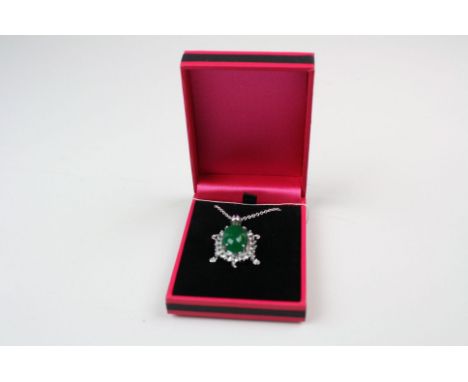 Silver and CZ Tortoise Pendant Necklace with Jade cabochon