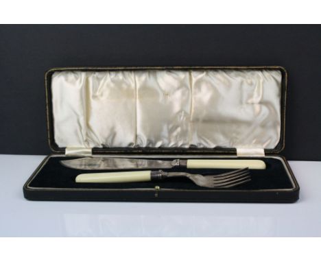 Cased Fish Serving Knife and Fork with Ivorine Handles and Silver Bands