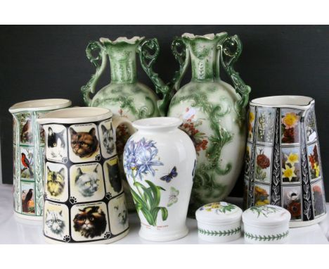 Portmeirion Botanic Garden Vase plus Two Lidded Jars together with Three Large Diamond Print &amp; Ceramic Jugs and a Pair of