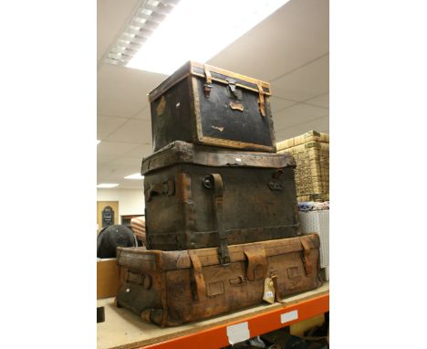 Large 19th century Leather Travelling Trunk, 70cms wide x 42cms high together with another Large Leather Suitcase plus a Canv