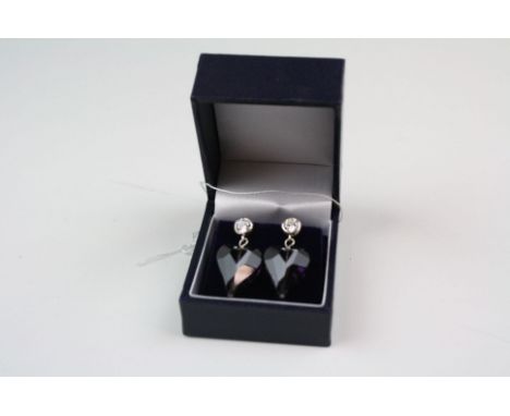 Pair of Silver and CZ Heart shaped Drop Earrings