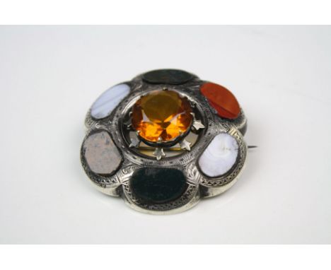 Silver Scottish Brooch set with large central citrine and hard stones