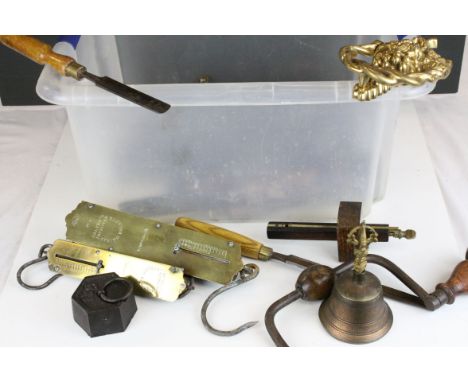A quantity of tools to include chisels drill, spring scales, door knockers, window furniture etc.