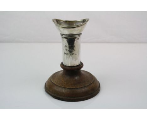 Silver Plated Mouth Piece off of torpedo boat destroyer H.M.S Prince mounted on an oak base, 14cms high