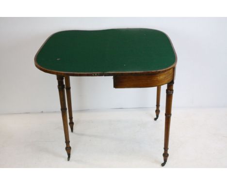 Early 19th century Mahogany and Cross-banded Fold-over Card Table with green baize playing surface, raised on turned ringed l