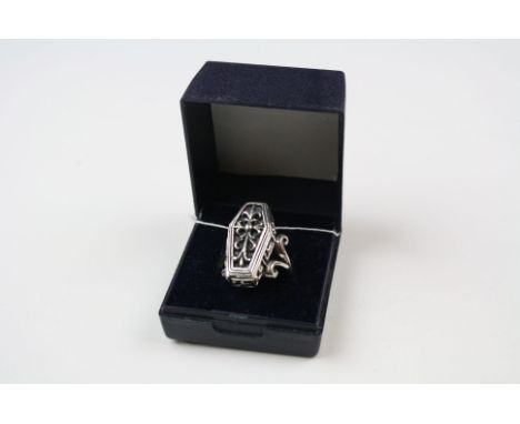 Silver Coffin Shaped Ring with skeleton inside