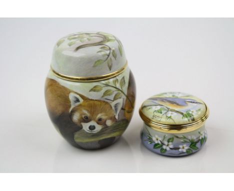 Two Elliot Hall enamel collectables to include a lidded jar decorated with a Red Panda and numbered 1/1 together with a hinge