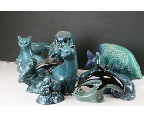 Collection of Fifteen Poole Pottery Green / Blue Glazed Animals and Birds including Cats, Tortoise, Badger, Seals, Mouse, Owl