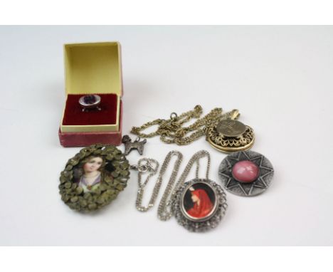 A collection of vintage costume jewellery to include a fully hallmarked sterling silver and Blue John fob and an 800 silver p