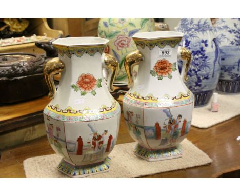 Pair of 20th century Chinese Famille Rose Ceramic Vases with Elephant Mask Handles and decorated with panels of Figures, h.36