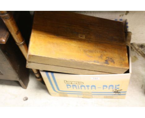 A box of sundries to include copper kettle, writing slope, clock, lamp etc.