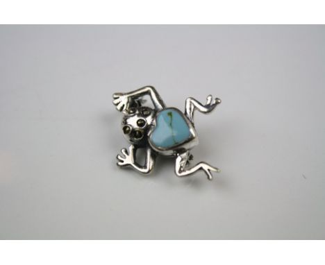 Silver and Turquoise set Frog Brooch