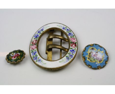 Sevres style Button, one other and an Enamelled Buckle