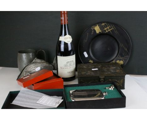 Mixed Lot including Huntley &amp; Palmer Biscuit Tin, Japanese Lacquered Plate and Box, Pewter Tankard, Bottle of Thorin Beau