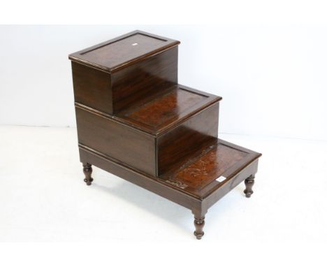 Set of 19th century Mahogany Library Steps, the steps inset with brown leather, the top step with lift up lid and the second 