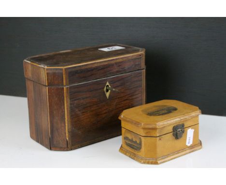 Regency Mahogany Inlaid Two Section Tea Caddy, 18cms wide together with a Mauchlin ware Box ' West Pier, Brighton ' 