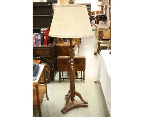 Mahogany Telescopic Standard Lamp with acanthus carving and claw foot tripod base, with silk shade