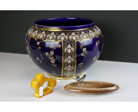 French Art Nouveau pottery jardiniere, a mid century Bakelite rabbit napkin ring and a wade pin dish with bird decoration. 