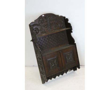 Late 19th / Early 20th century Carved Oak Hanging Shelf and Cupboard, 53cms wide x 86cms high