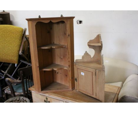 19th century Pine Hanging Corner Cupboard with Shelf 66cms high together with a Modern Pine Corner Shelf Unit, 84cms high