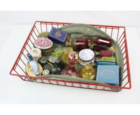 Box of mixed collectables to include Halcyon Days enamel boxes, glass scent bottles cloisonne ornaments.